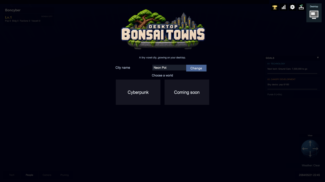 The English start screen: the Desktop Bonsai Towns logo, the line “A tiny voxel city, growing on your desktop.”, a City name field set to Neon Pot with a Change button, and two worlds to choose from, Cyberpunk and Coming soon