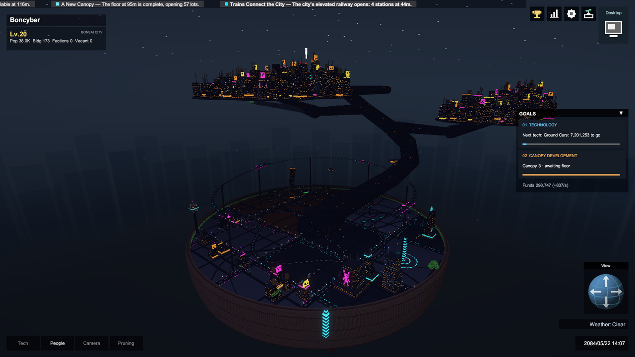 A bonsai trunk rising from its pot at night, with neon-lit blocks of a young town on two branches