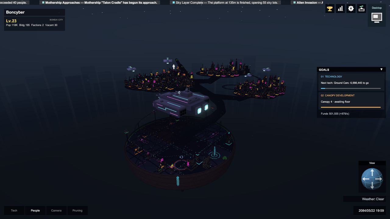 An alien mothership hovering under the branches while the town on the canopy glows above it